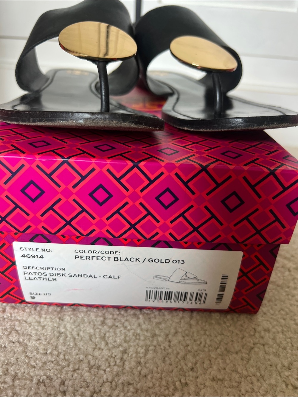 Tory Burch Black Leather Slides with Gold Disc Accent - Picture 2 of 4